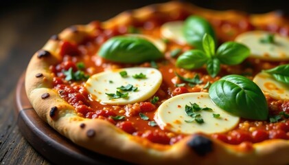 Freshly sliced mozzarella and basil on a mouthwatering bolognese pizza, topping, mozzarella