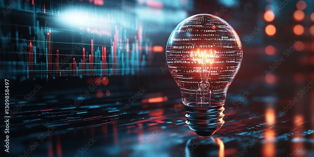 Poster illuminated light bulb with digital data patterns and glowing elements in a futuristic setting