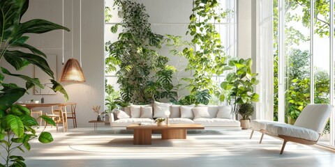 High-end apartment tower with lush greenery, panoramic windows, bright and inviting atmosphere
