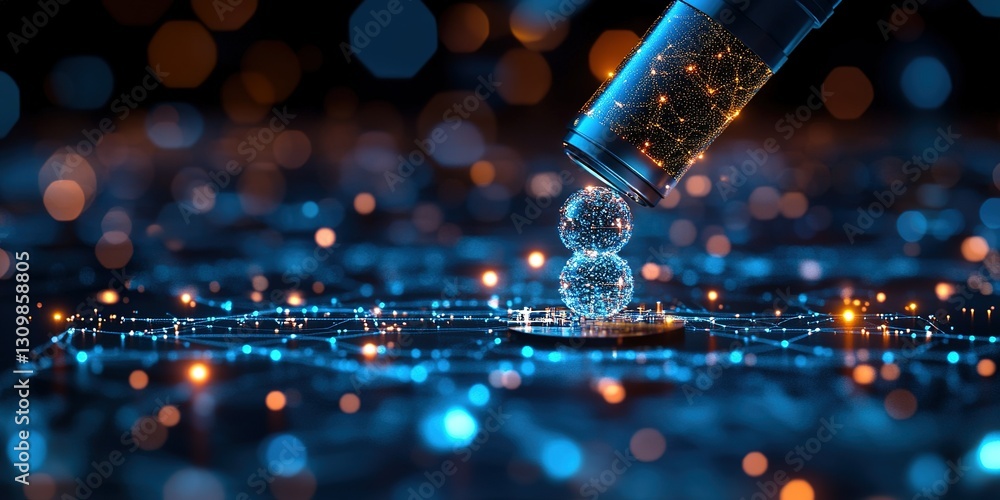 Poster microscope reveals intricate structures of tiny particles illuminated by vibrant lights in a dark en