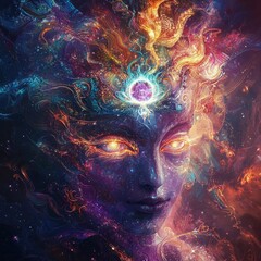 Hindu-inspired divine entity with glowing third eye and cosmic energy swirling around