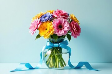 Heavenly blue ribbon wrapped around a large glass vase filled with flowers, clear surface, ribbon