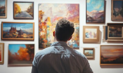 Man admires artwork in colorful art gallery.