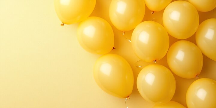 Golden Balloons in a Yellow Sea: A collection of radiant golden balloons floats upon a mellow yellow plane, offering a celebratory vibe, creating an ambiance of joy, party and celebration. 