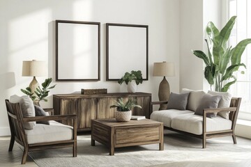 Fototapeta premium Modern minimalist living room with wooden furniture, two blank framed canvases, and potted plants. Sunlight streams into the room, highlighting the warm tones of the decor.