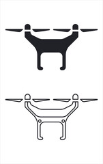 Minimalist drone icon set featuring two variations: a solid silhouette and an outlined version. The simple and clean design makes it ideal for technology, aviation, and drone-related projects.