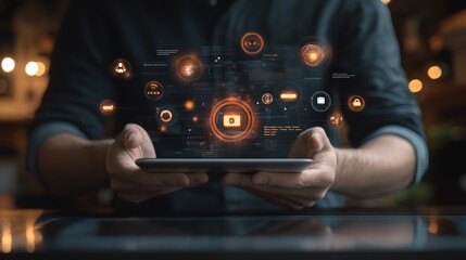Person holding a digital tablet with overlaid technology icons