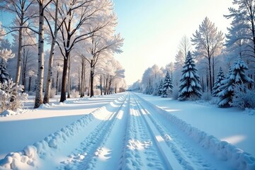 Obraz premium Long stretch of white snow on a deserted road, frosty atmosphere, aspen trees