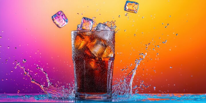 Ice-cold cola splashing with ice cubes flying on a bold pop-art style colorful background with motion blur effects
