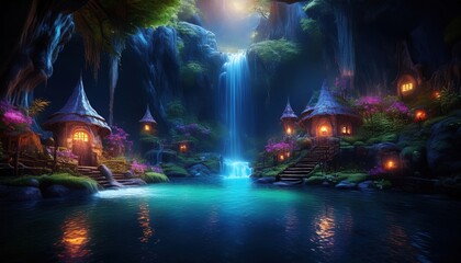 Obraz premium A vibrant fantasy world comes alive near a cascading waterfall, surrounded by whimsical homes.