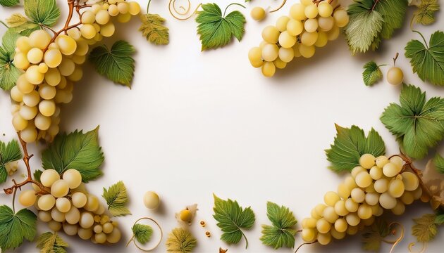 Marco de uvas blancas, fondo blanco, realista, 4k copyspace
