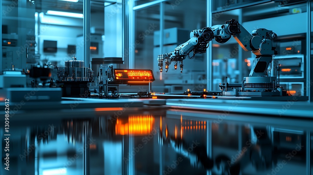 Poster a robot carefully calibrating a complex laser system in a high-security lab surrounded by reflective