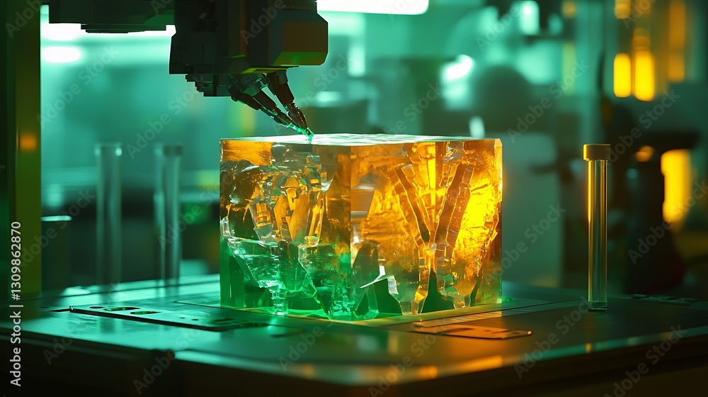 Poster a robot carving precise details into a block of synthetic crystal in a lab with glowing green and ye