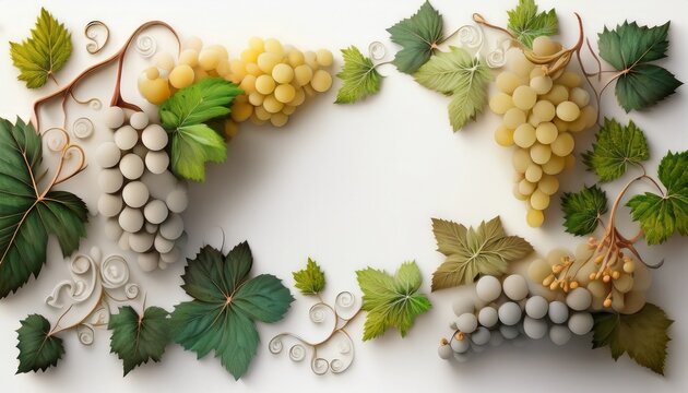 Marco de uvas blancas, fondo blanco, realista, 4k copyspace