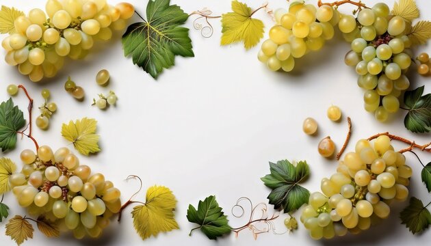 Marco de uvas blancas, fondo blanco, realista, 4k copyspace