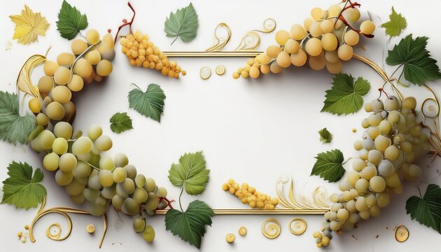 Marco de uvas blancas, fondo blanco, realista, 4k copyspace