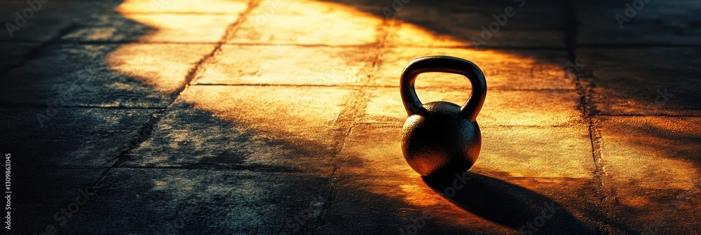 Poster Kettlebell resting on gym floor with soft light highlighting textures and ample space for text in upper corner Generative AI