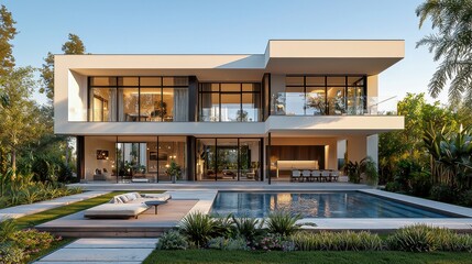 Fototapeta premium Luxurious Modern House Exterior: No People View in a Private Garden & Dining Space Amidst Elegant Architecture Design Concept