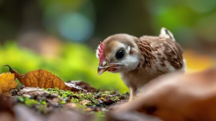 Curious chick foraging in autumn forest floor