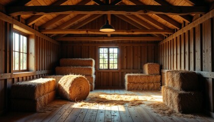 rustic barn interior with a serene mood featuring hay bales and wooden walls