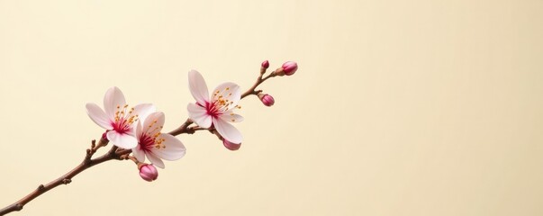 Fototapeta premium Single isolated branch with delicate flowers on cream colored background, single element,