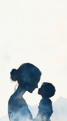 Watercolor Silhouette of Mother and Child, Maternal Love, Parenthood, Family Bond, Care