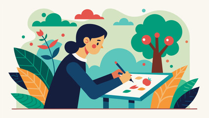 In one corner of the classroom a student adds intricate details to her illustration of the garden of Eden based on Genesis 2.. Vector illustration