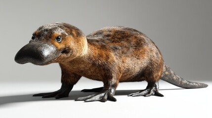 Fototapeta premium A captivating close-up of a platypus’s head, showcasing its distinct bill and beady eyes. With its head tilted left, it exudes an intriguing charm against soft, natural light