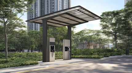 Electric Vehicle Charging Station Stand in Urban Setting