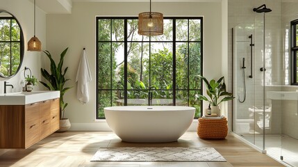 Elegant Bathroom Design: Luxurious Home Interior Featuring Big Double Vanity, Bathtub, Shower, Clean Cabinet & Hardwood Floor