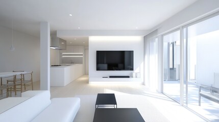 Modern minimalist apartment living room design, sunlit balcony view, interior design