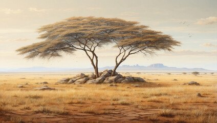Fototapeta premium Breathtaking Savanna Scene Showcasing Faded Grass and Rocky Terrain