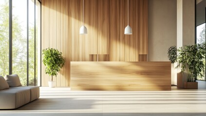 Modern, minimalist lobby reception desk with natural light, wooden walls, and potted plants.