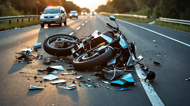 Motorcycle accident on a busy highway with shattered debris and emergency response vehicles
