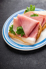 Sandwich ham tasty fresh delicious gourmet food background on table rustic food top view copy space