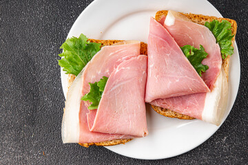 Sandwich ham tasty fresh delicious gourmet food background on table rustic food top view copy space
