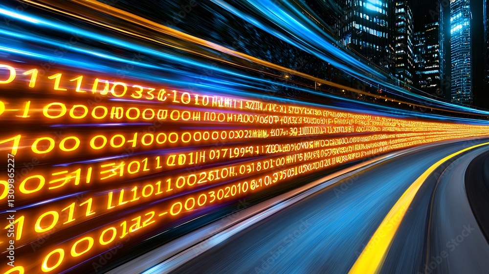 Poster abstract dynamic data stream with orange and blue binary code on a dark urban background