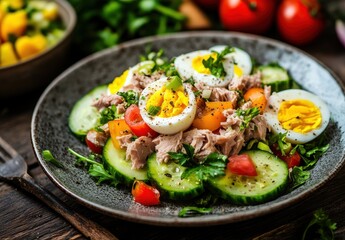 Fresh and Colorful Salad with Tuna, Eggs, Cucumber, Tomato, and Herbs Served in a Rustic Bowl on a Wooden Table