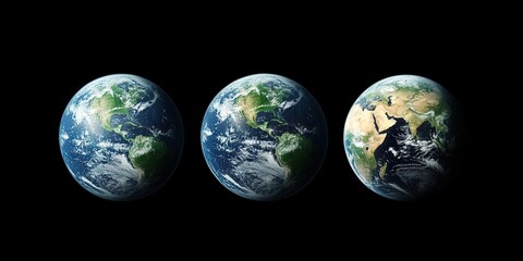 Earth Trio: Three globes showcasing the Earth, highlighting the planet's varied terrains, ecosystems, and the contrast of day and night. A visual metaphor for our interconnected world.