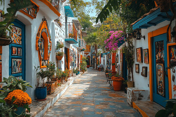Fototapeta premium Row of colorful houses buildings townhouses decorated with vibrant spring flowers and lush greenery, generative AI