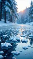 Snowflakes gently falling on frozen lake surface, snow, frost