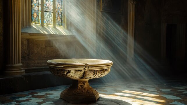 Sunlight streams through stained glass window onto ancient baptismal font