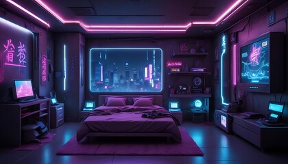 Obraz premium A futuristic neon illuminated bedroom featuring cityscape views and computers