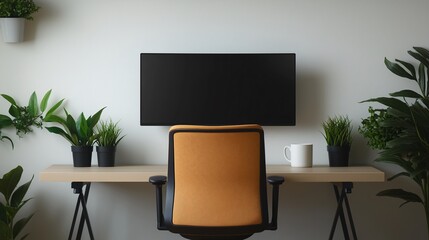 A modern home office setup with dual monitors, ergonomic chair, indoor plants, coffee mug, and a bright, cozy atmosphere, productivity aesthetics