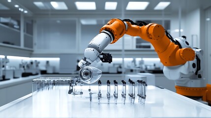 A robotic arm delicately handling a glass lens, assembling it into a high-powered laser in a cleanroom lab .