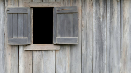 Rustic Wooden Wall with Open Window Shutters and Dark Interior Space