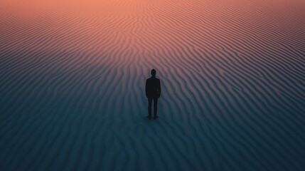 Solitary Figure Standing on Textured Sand Dunes at Sunset Horizon