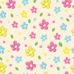 Spring seamless pattern with bright cartoon flowers and leaves. Spring background. Perfect for wrapping paper, scrapbooking paper, and children's textiles.