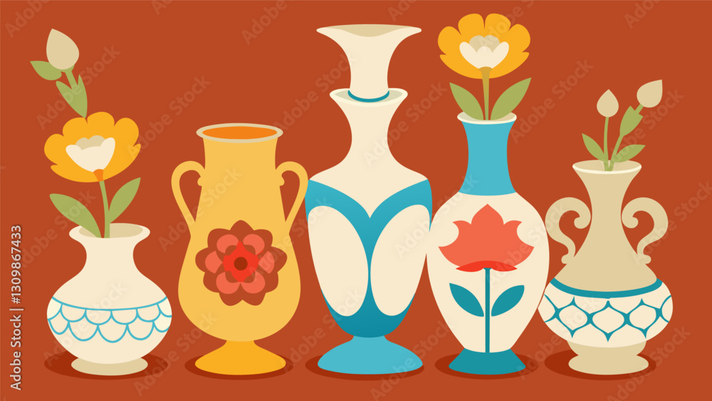 Poster a grouping of antique milk glass vases each one displaying a different flower motif.. vector illustr