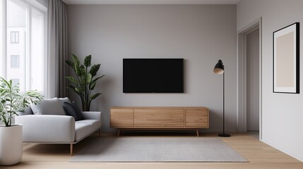 A cozy minimalist living room with Scandinavian design, wooden furniture, neutral color tones, soft lighting, and modern decor, 
